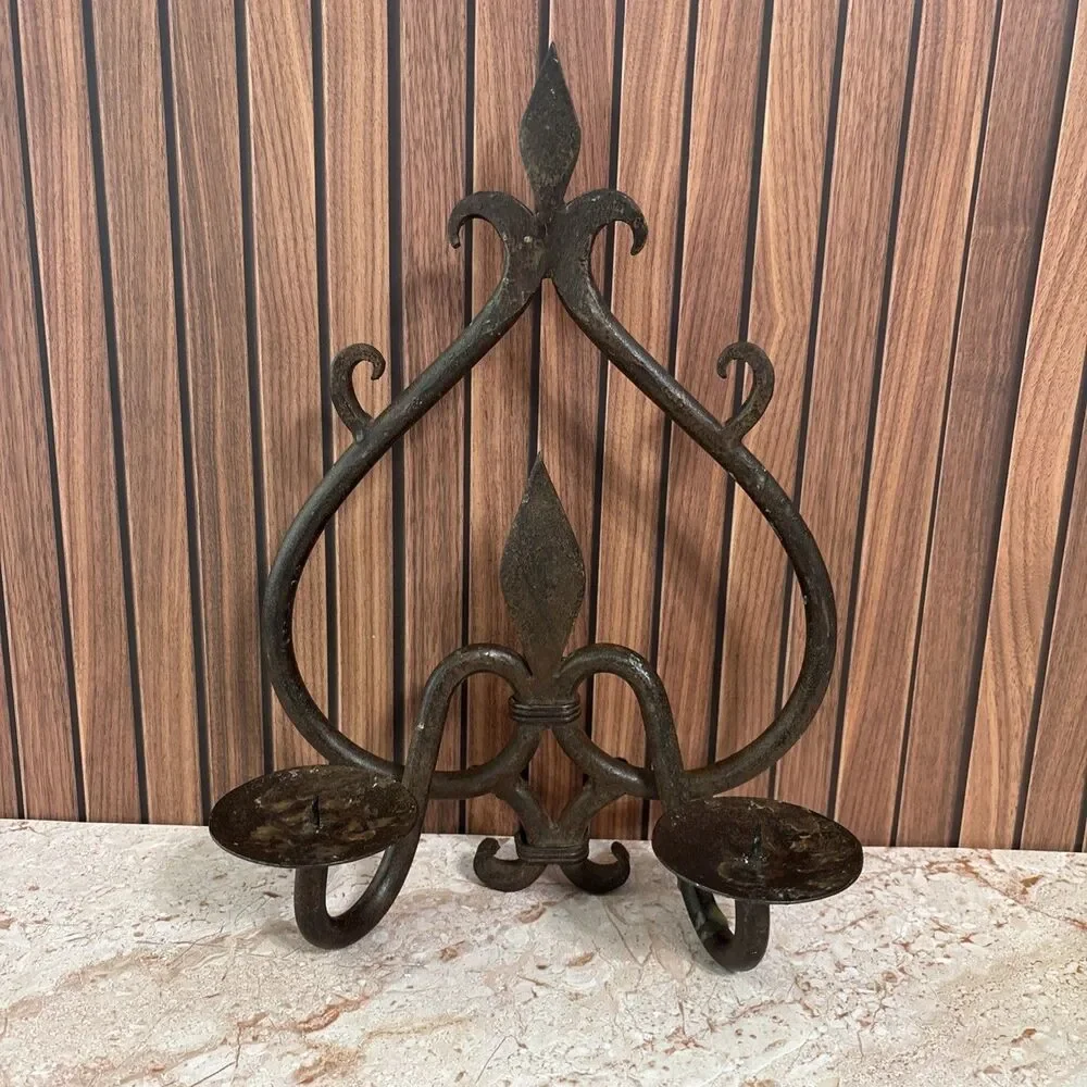 Vintage wrought Iron wall sconce Pillar candle holder gothic rustic decor '60s